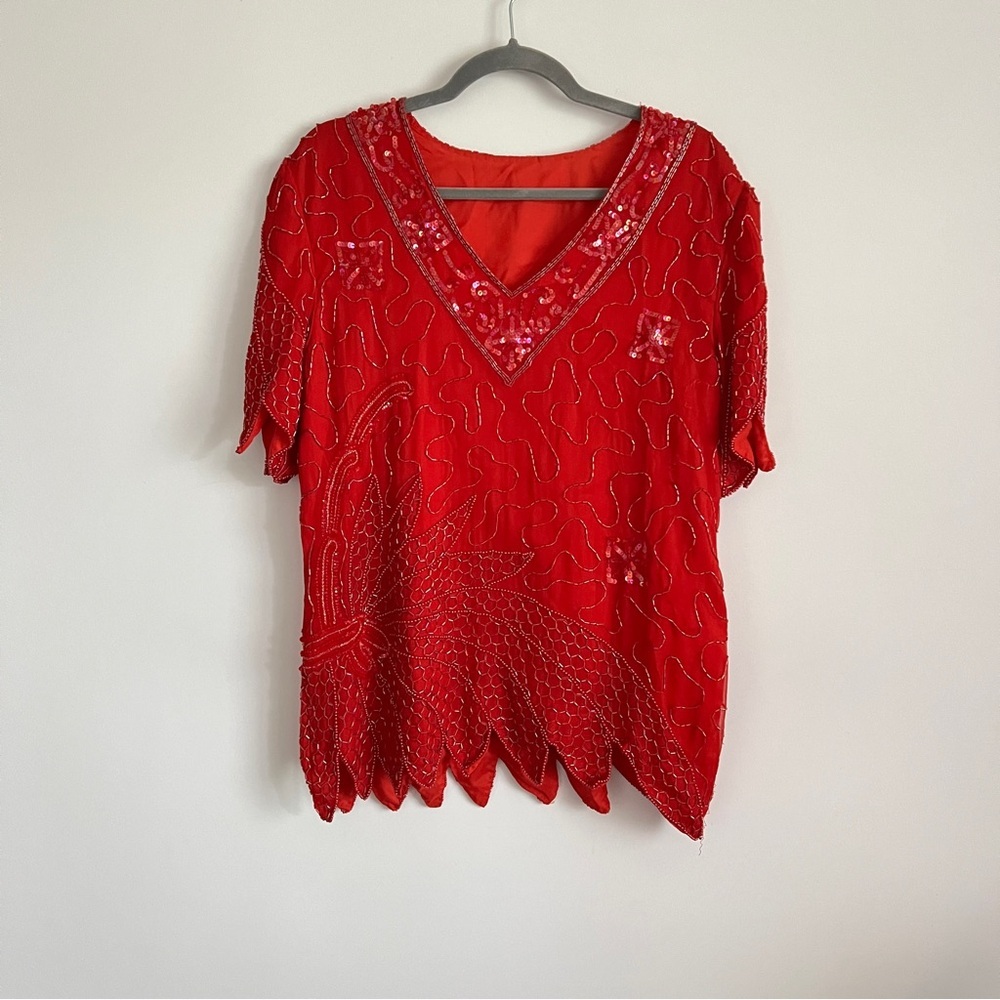 Vintage 80s Red Beaded V Neck Red Women’s Evening Top